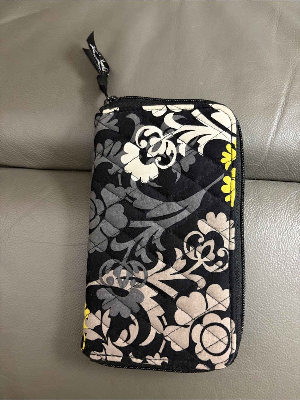 Vera Bradley Black Gray Cream Floral Zip Wallet with Yellow Accents